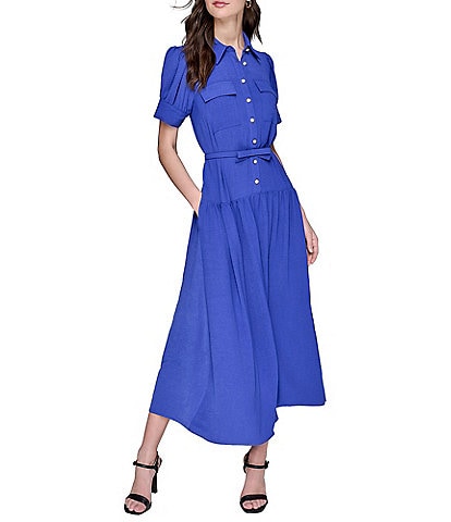 KARL LAGERFELD PARIS Short Sleeve Drop Waist Midi Shirt Dress