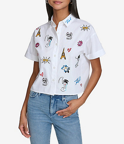 KARL LAGERFELD PARIS Short Sleeve Embroidered Button Front Blouse