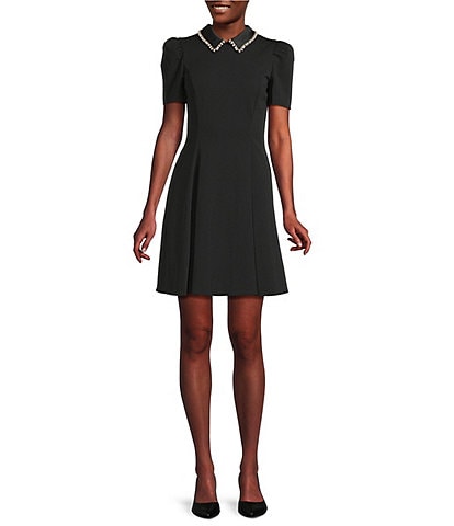 KARL LAGERFELD PARIS Short Sleeve Scuba Embellished Peter Pan Collar Fit and Flare Dress