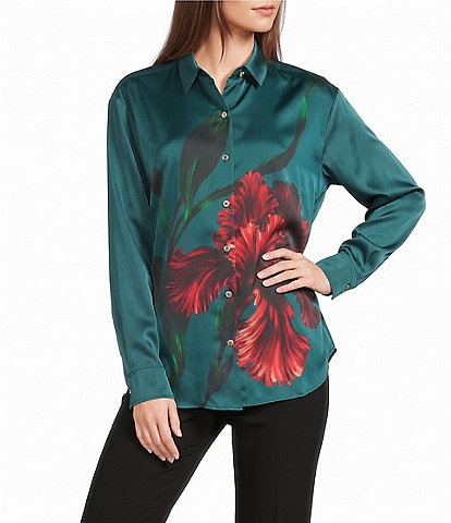 KARL LAGERFELD PARIS Silky Crepe Floral Print Point Collar Button Front Top
