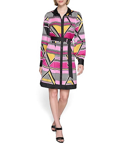 KARL LAGERFELD PARIS Silky Crepe Geo Print Collar Neck Long Sleeve Belted Button Front Dress