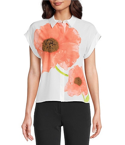 KARL LAGERFELD PARIS Silky Crepe Placed Floral Print Point Short Sleeve Shirt