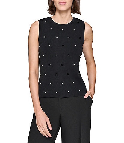 KARL LAGERFELD PARIS Sleeveless Scoop Neck Pearl Sweater Tank