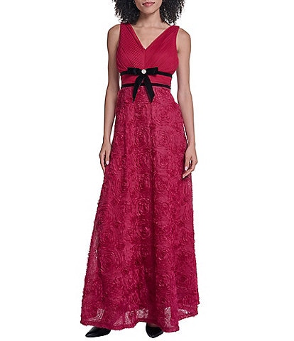 Karl Lagerfeld Paris Sleeveless V Neck Textured Mesh Rosette Long Gown
