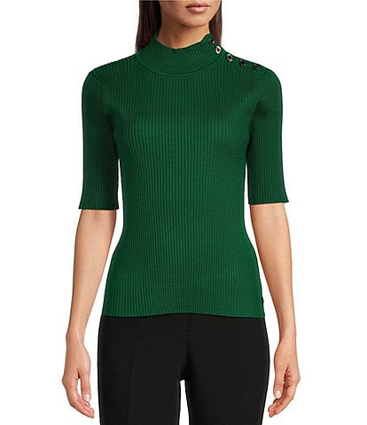KARL LAGERFELD PARIS Solid Mock Neck Elbow Length Sleeve Fitted Sweater Knit Top