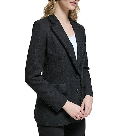 KARL LAGERFELD PARIS Solid Tweed Long Sleeve Notch Lapel Blazer Jacket