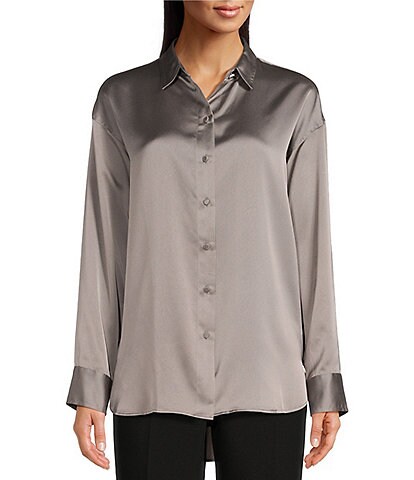 KARL LAGERFELD PARIS Solid Woven Satin Point Collar Long Sleeve Button Front Blouse