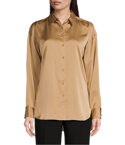 KARL LAGERFELD PARIS Solid Woven Satin Point Collar Long Sleeve Button Front Blouse