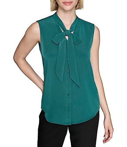 KARL LAGERFELD PARIS Solid Woven Tie Neck Sleeveless Button Down Blouse