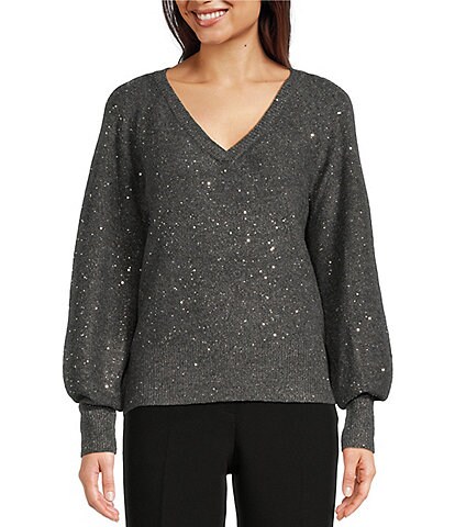 KARL LAGERFELD PARIS Sparkle Metallic Knit V-Neck Long Sleeve Fitted Sweater