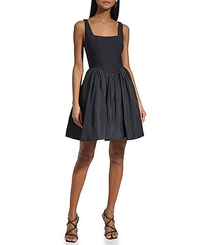 KARL LAGERFELD PARIS Square Neck Corset Bodice Taffeta Skirt Mini Dress