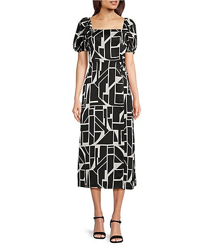 KARL LAGERFELD PARIS Square Neck Puff Short Sleeve Abstract Geo-print Midi Dress