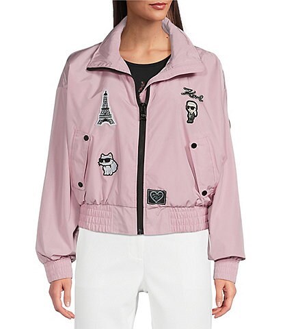 KARL LAGERFELD PARIS Stand Collar Long Sleeve Patch Logo Print Bomber Jacket