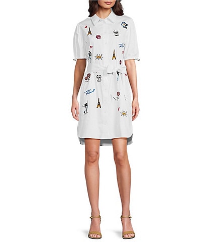 KARL LAGERFELD PARIS Stretch Cotton Poplin Printed Shirt Dress