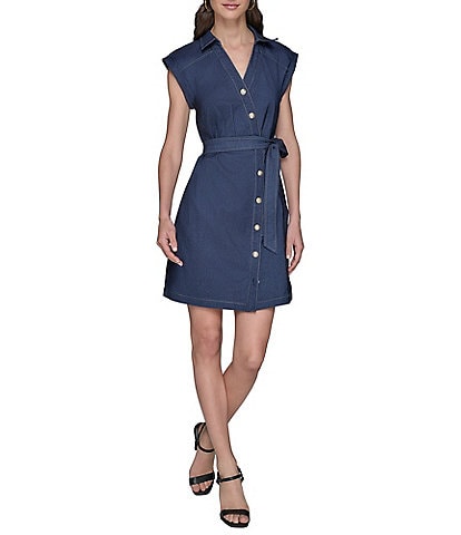 KARL LAGERFELD PARIS Stretch Denim Johnny Collar Cap Sleeve Belted Button Front Shirt Dress