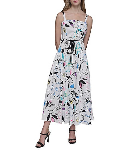 KARL LAGERFELD PARIS Stretch Sateen Multi Print Square Neck Sleeveless Rope Belt Button Front Sheath Maxi Dress