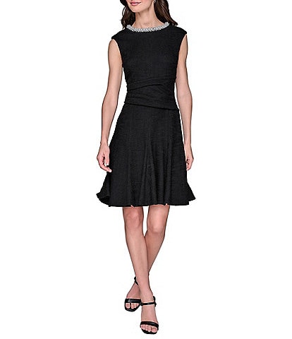 KARL LAGERFELD PARIS Stretch Texture Tweed Crew Neck Cap Sleeves Embellished Fit & Flare Midi Dress