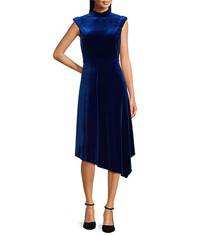KARL LAGERFELD PARIS Stretch Velvet Mock Neckline Cap Sleeve Asymmetrical Hemline Dress