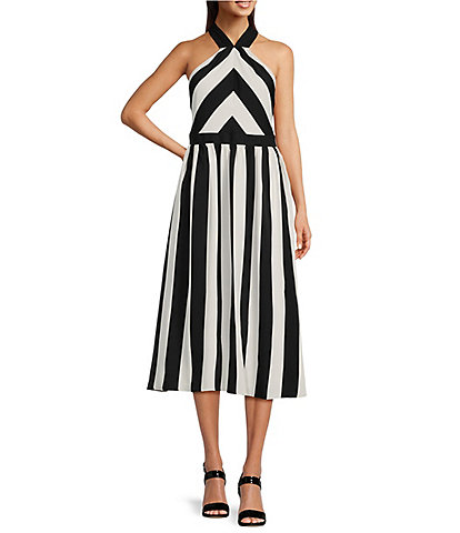 KARL LAGERFELD PARIS Stripe Halter Neck Sleeveless Contrast Trim A-Line Midi Dress