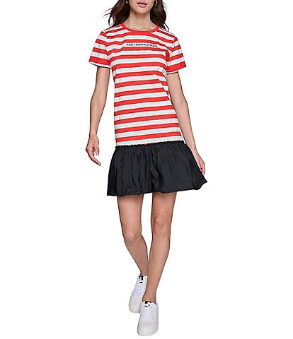 KARL LAGERFELD PARIS Stripe Logo Ruffle Trim Dress