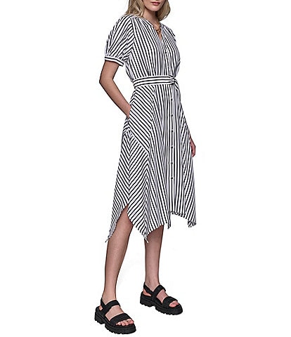 KARL LAGERFELD PARIS Stripe Print Split V-Neck Short Puff Sleeve Button Front Belted Side Pocket Hanky Hem Midi Dress
