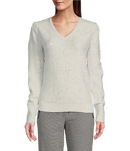 KARL LAGERFELD PARIS Sweater Knit Sparkle V-Neck Long Sleeve Sweater