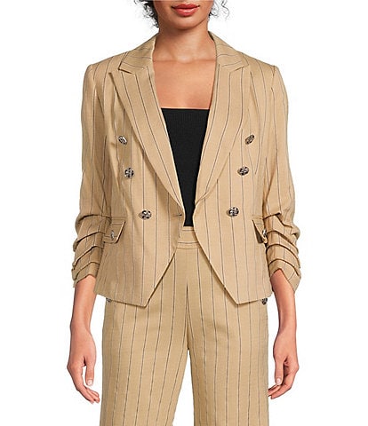 KARL LAGERFELD PARIS Textured Stripe Notch Collar 3/4 Ruched Sleeve Coordinating Jacket