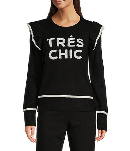 KARL LAGERFELD PARIS "Tres Chic" Crew Neck Ruffle Long Sleeve Sweater Top