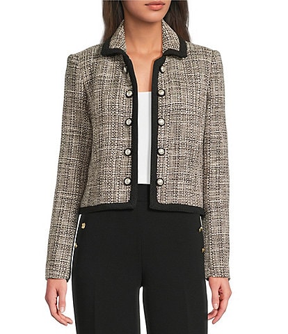 KARL LAGERFELD PARIS Tweed Checkered Point Collar Long Sleeve Button Front Jacket