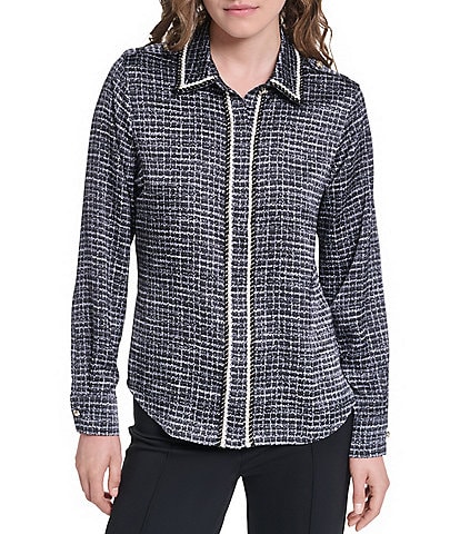 KARL LAGERFELD PARIS Tweed Satin Back Crepe Front Print Point Collar Long Sleeve Jacket