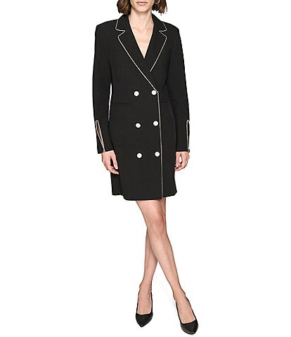 KARL LAGERFELD PARIS Twill Notch Lapel V-Neck Long Sleeve Split Cuff Sequin Trim Tuxedo Mini Dress