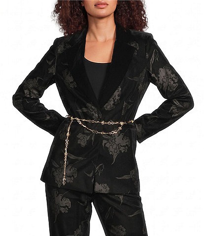 KARL LAGERFELD PARIS Velvet Floral Pattern Notch Collar Chain Belt Button Front Blazer