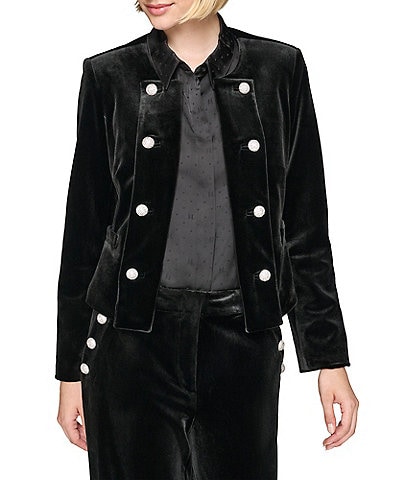 KARL LAGERFELD PARIS Velvet Open-Front Scoop Neck Long Sleeve Button Detail Cropped Jacket