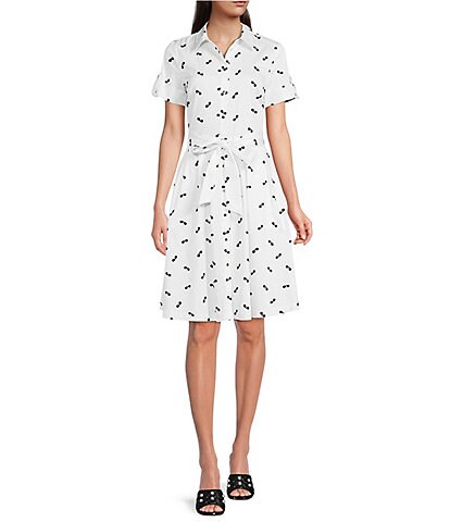 KARL LAGERFELD PARIS Whimsical Print Rolled Short Sleeve Point Collar Button Front Belted Conversational Shirt Dress