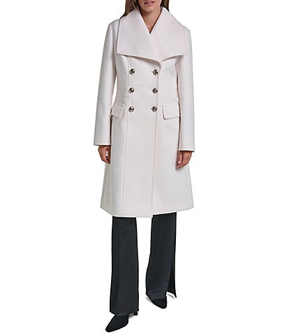 KARL LAGERFELD PARIS Wool Blend Wing Collar Double Breasted Walker Trench Coat