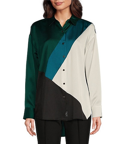 KARL LAGERFELD PARIS Woven Color Block Point Collar Long Sleeve Button Front Shirt