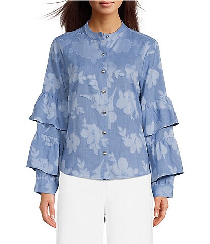 KARL LAGERFELD PARIS Woven Floral Print Mock Neck Long Sleeve Top