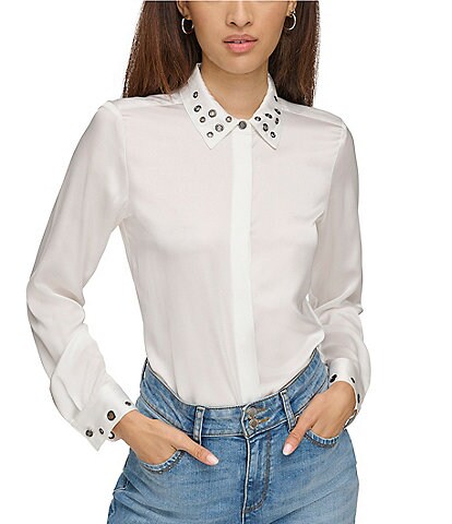KARL LAGERFELD PARIS Woven Grommet Collar Long Sleeve Button Front Shirt