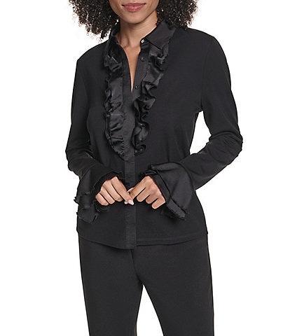 KARL LAGERFELD PARIS Woven Jersey Button V-Neck Round Long Sleeve Ruffle Front Blouse