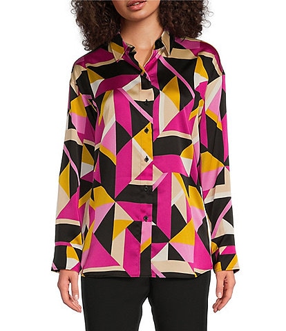 KARL LAGERFELD PARIS Woven Multi Geo Print Long Sleeve Button Down Top