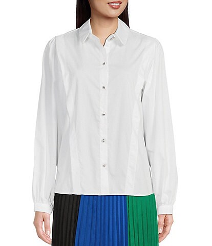 KARL LAGERFELD PARIS Woven Point Collar Long Puff Sleeve Pleated Button Front Blouse