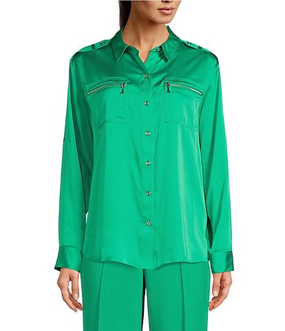 KARL LAGERFELD PARIS Woven Point Collar Long Sleeve Zipper Pocket Button Front Shirt