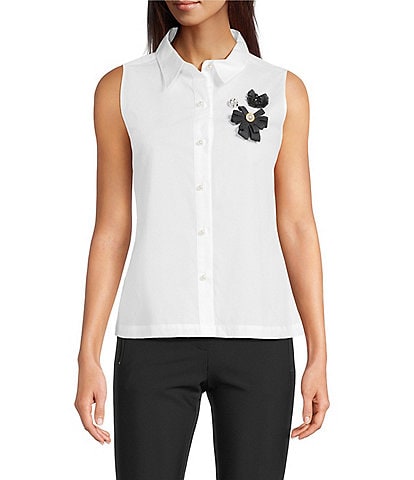 KARL LAGERFELD PARIS Woven Point Collar Sleeveless Button Front Blouse