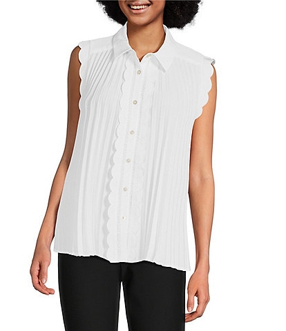 KARL LAGERFELD PARIS Woven Point Collar Sleeveless Scalloped Trim Button-Front Pleated Blouse