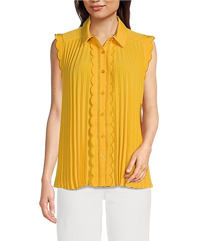 KARL LAGERFELD PARIS Woven Point Collar Sleeveless Scalloped Trim Button-Front Pleated Blouse