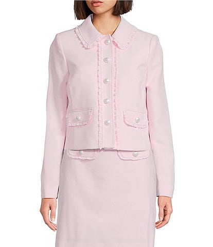 KARL LAGERFELD PARIS Woven Polished Suiting Collared Long Sleeve Cropped Jacket