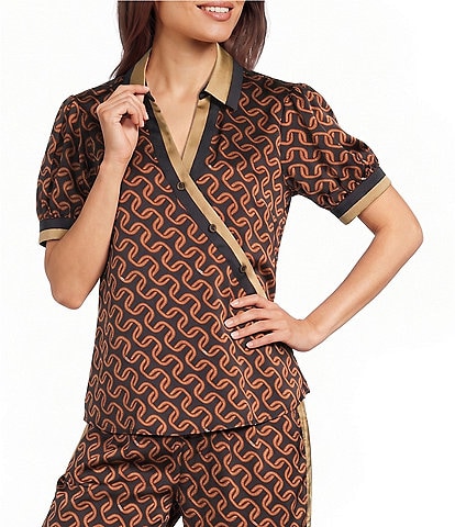 KARL LAGERFELD PARIS Woven Print Spread Collar Short Sleeve Crossover Coordinating Blouse