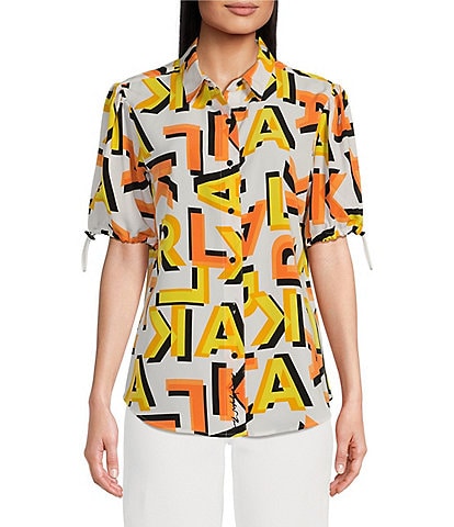 KARL LAGERFELD PARIS Woven Printed Point Collar Short Bungee-Sleeve Button-Front Shirt
