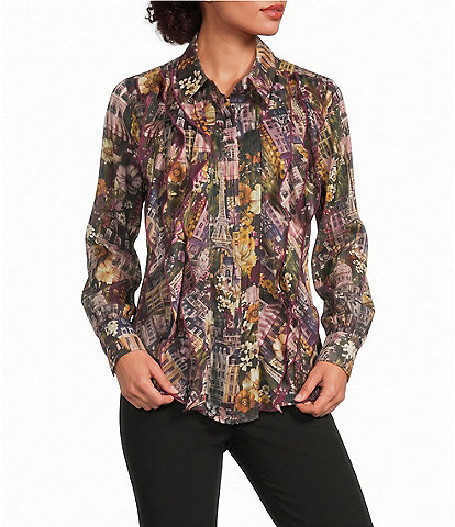 KARL LAGERFELD PARIS Woven Printed Shadow Stripe With Lurex Point Collar Lon g Sleeve Blouse