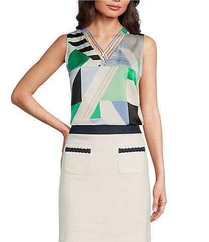 KARL LAGERFELD PARIS Woven Printed V-Neck Crisscross Sleeveless Top